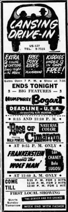 Lansing Drive-In Theatre - Ad From Aug 16 1952